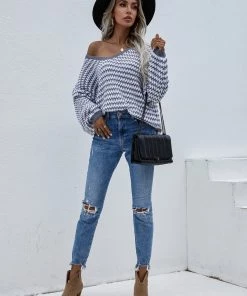 MY Smaibulun | Puff Sleeve V-Neck Sweater - Grey New In Clothing