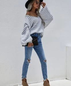 MY New In Clothing Smaibulun | Puff Sleeve V-Neck Sweater - Smoke