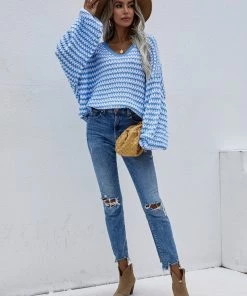 MY Smaibulun | Puff Sleeve V-Neck Sweater - Blue