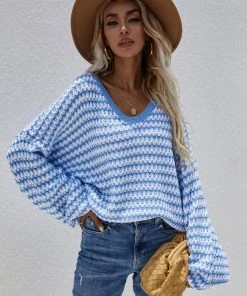 MY Smaibulun | Puff Sleeve V-Neck Sweater - Blue