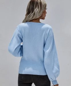MY Smaibulun | Lantern-Sleeve V-Neck Wrap Knit Top - Blue New In Clothing