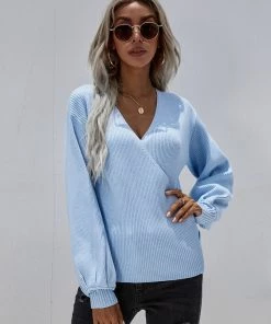 MY Smaibulun | Lantern-Sleeve V-Neck Wrap Knit Top - Blue New In Clothing