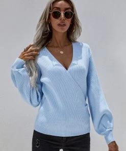 MY Smaibulun | Lantern-Sleeve V-Neck Wrap Knit Top - Blue New In Clothing