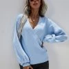 MY Smaibulun | Lantern-Sleeve V-Neck Wrap Knit Top - Blue New In Clothing