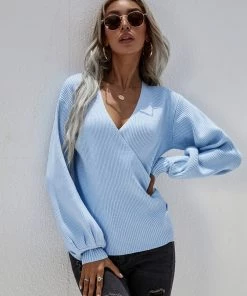 MY Smaibulun | Lantern-Sleeve V-Neck Wrap Knit Top - Blue New In Clothing