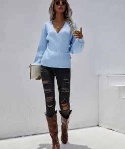 MY Smaibulun | Lantern-Sleeve V-Neck Wrap Knit Top - Blue New In Clothing