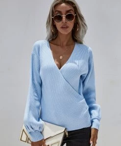 MY Smaibulun | Lantern-Sleeve V-Neck Wrap Knit Top - Blue New In Clothing