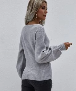 MY Smaibulun | Lantern-Sleeve V-Neck Wrap Knit Top - Grey New In Clothing 13 MY Smaibulun | Lantern-Sleeve V-Neck Wrap Knit Top - Grey New In Clothing