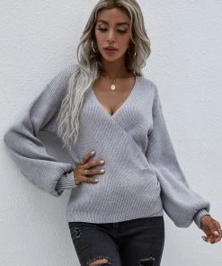 MY Smaibulun | Lantern-Sleeve V-Neck Wrap Knit Top - Grey New In Clothing