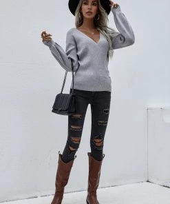 MY Smaibulun | Lantern-Sleeve V-Neck Wrap Knit Top - Grey New In Clothing 11 MY Smaibulun | Lantern-Sleeve V-Neck Wrap Knit Top - Grey New In Clothing