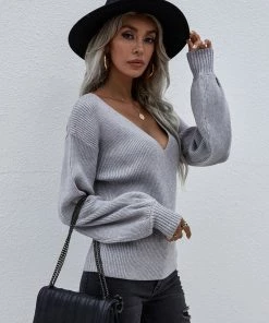 MY Smaibulun | Lantern-Sleeve V-Neck Wrap Knit Top - Grey New In Clothing