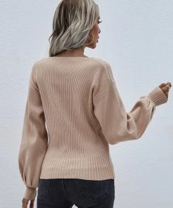 MY Smaibulun | Lantern-Sleeve V-Neck Wrap Knit Top - Beige New In Clothing