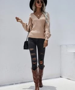 MY Smaibulun | Lantern-Sleeve V-Neck Wrap Knit Top - Beige New In Clothing