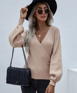 MY Smaibulun | Lantern-Sleeve V-Neck Wrap Knit Top - Beige New In Clothing