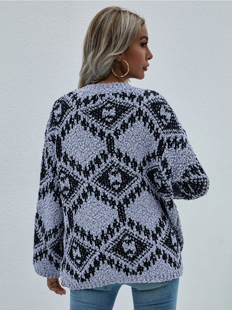 MY Smaibulun | Geometric Pattern Lantern Sleeve Sweater - Grey 6 MY Smaibulun | Geometric Pattern Lantern Sleeve Sweater - Grey