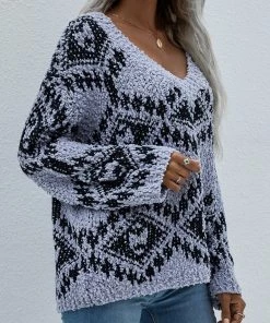 MY Smaibulun | Geometric Pattern Lantern Sleeve Sweater - Grey