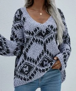 MY Smaibulun | Geometric Pattern Lantern Sleeve Sweater - Grey