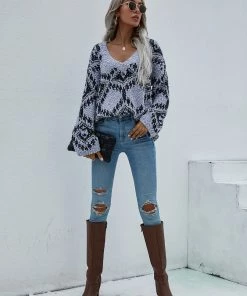 MY Smaibulun | Geometric Pattern Lantern Sleeve Sweater - Grey 14 MY Smaibulun | Geometric Pattern Lantern Sleeve Sweater - Grey