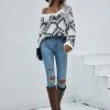 MY Clothing Smaibulun | Geometric Pattern Ripped Side Hem Sweater - Cream
