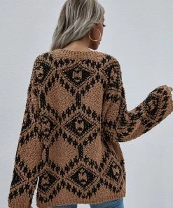 MY Clothing Smaibulun | Geometric Pattern Lantern Sleeve Sweater - Brown