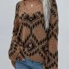 MY Clothing Smaibulun | Geometric Pattern Lantern Sleeve Sweater - Brown