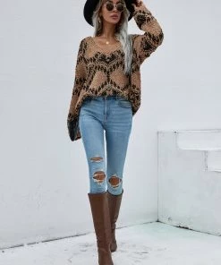 MY Clothing Smaibulun | Geometric Pattern Lantern Sleeve Sweater - Brown