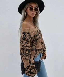 MY Clothing Smaibulun | Geometric Pattern Lantern Sleeve Sweater - Brown