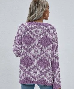 MY New In Clothing Smaibulun Doll | Purple Geometric Pattern Lantern Sleeve Sweater