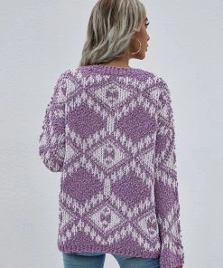 MY Clothing Smaibulun | Geometric Pattern Lantern Sleeve Sweater - Purple 13 MY Clothing Smaibulun | Geometric Pattern Lantern Sleeve Sweater - Purple