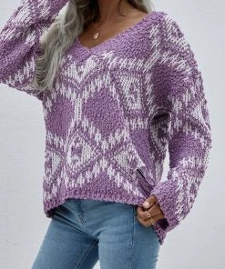 MY Clothing Smaibulun | Geometric Pattern Lantern Sleeve Sweater - Purple