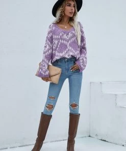 MY Clothing Smaibulun | Geometric Pattern Lantern Sleeve Sweater - Purple 11 MY Clothing Smaibulun | Geometric Pattern Lantern Sleeve Sweater - Purple