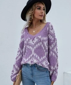 MY Clothing Smaibulun | Geometric Pattern Lantern Sleeve Sweater - Purple 12 MY Clothing Smaibulun | Geometric Pattern Lantern Sleeve Sweater - Purple