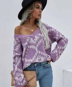 MY Clothing Smaibulun | Geometric Pattern Lantern Sleeve Sweater - Purple 10 MY Clothing Smaibulun | Geometric Pattern Lantern Sleeve Sweater - Purple