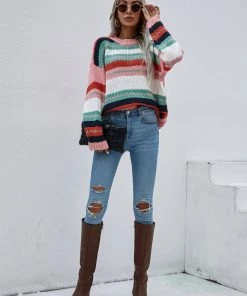 MY Smaibulun | Stripe Color-Block Knit Long-Sleeve Top - Pink New In Clothing