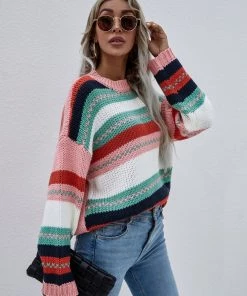 MY Smaibulun | Stripe Color-Block Knit Long-Sleeve Top - Pink New In Clothing