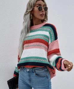 MY Smaibulun | Stripe Color-Block Knit Long-Sleeve Top - Pink New In Clothing