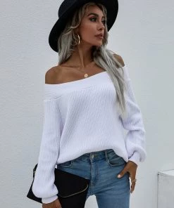 MY Smaibulun | White Bell-Sleeve Off-Shoulder Knit Sweater New In Clothing