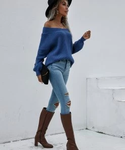 MY Smaibulun | Navy Bell-Sleeve Off-Shoulder Knit Sweater New In Clothing 10 MY Smaibulun | Navy Bell-Sleeve Off-Shoulder Knit Sweater New In Clothing