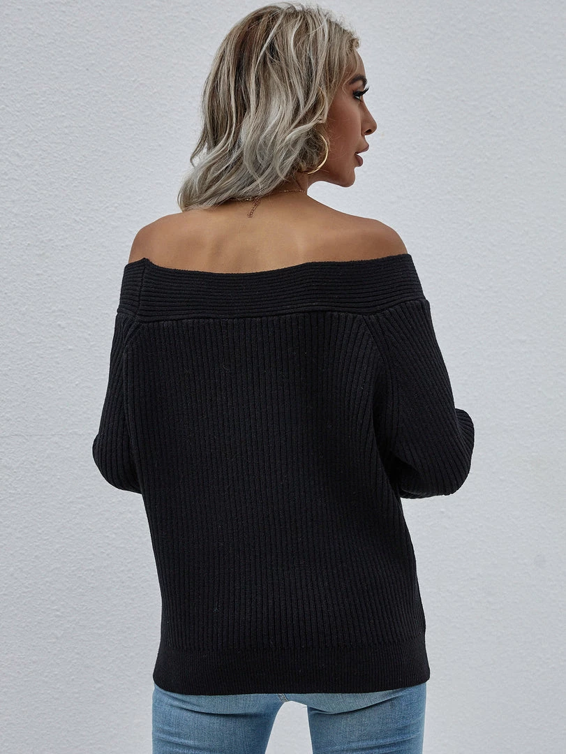 MY Smaibulun | Black Bell-Sleeve Off-Shoulder Knit Sweater 5 MY Smaibulun | Black Bell-Sleeve Off-Shoulder Knit Sweater