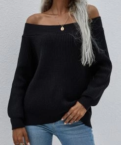 MY Smaibulun | Black Bell-Sleeve Off-Shoulder Knit Sweater 8 MY Smaibulun | Black Bell-Sleeve Off-Shoulder Knit Sweater