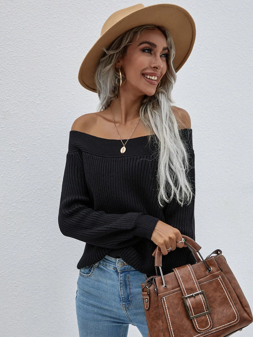 MY Smaibulun | Black Bell-Sleeve Off-Shoulder Knit Sweater 6 MY Smaibulun | Black Bell-Sleeve Off-Shoulder Knit Sweater