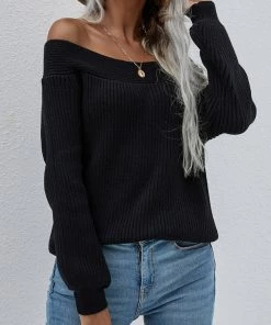 MY Smaibulun | Black Bell-Sleeve Off-Shoulder Knit Sweater