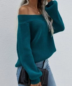 MY New In Clothing Smaibulun | Green Bell-Sleeve Off-Shoulder Knit Sweater