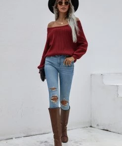 MY Smaibulun | Maroon Bell-Sleeve Off-Shoulder Knit Sweater New In Clothing