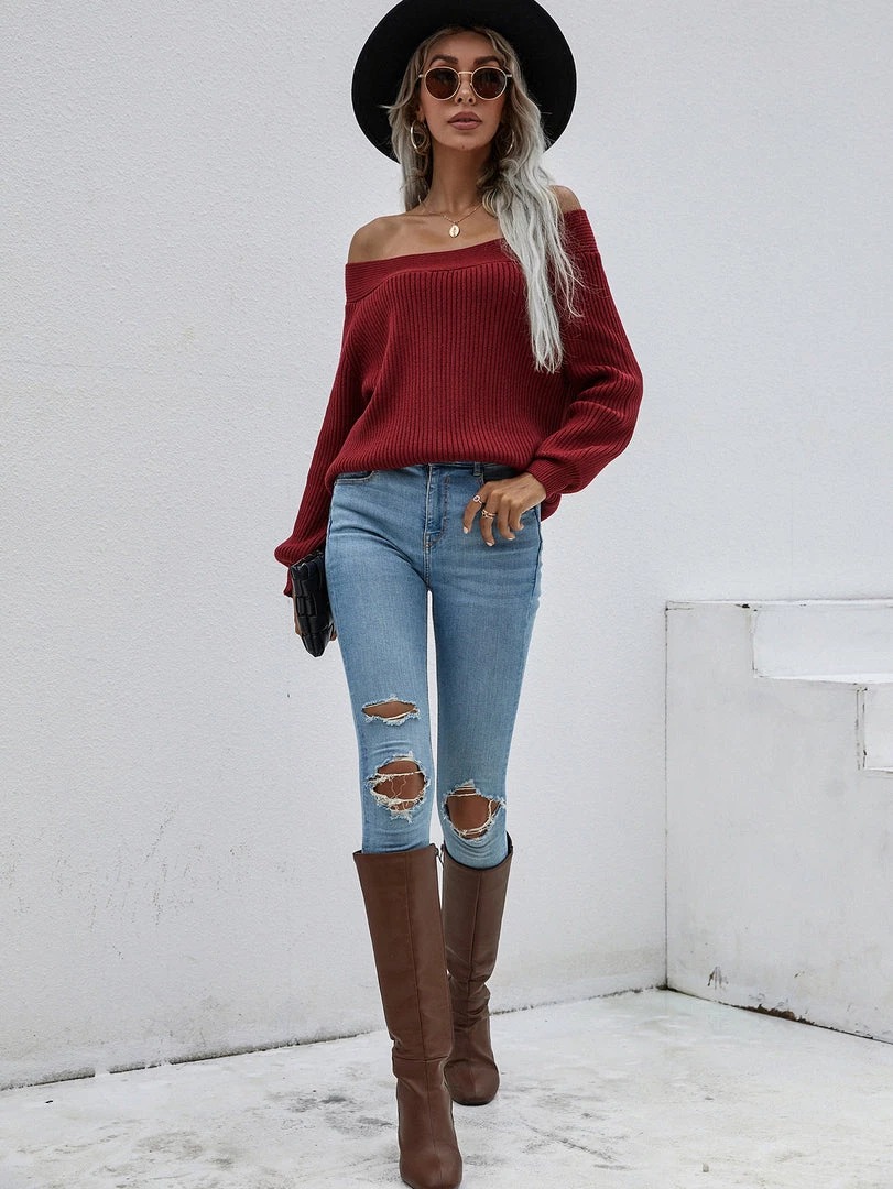 MY Smaibulun | Maroon Bell-Sleeve Off-Shoulder Knit Sweater New In Clothing 1 MY Smaibulun | Maroon Bell-Sleeve Off-Shoulder Knit Sweater New In Clothing