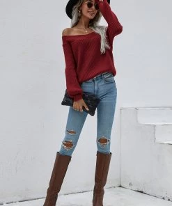MY Smaibulun | Maroon Bell-Sleeve Off-Shoulder Knit Sweater New In Clothing 9 MY Smaibulun | Maroon Bell-Sleeve Off-Shoulder Knit Sweater New In Clothing