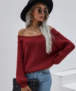 MY Smaibulun | Maroon Bell-Sleeve Off-Shoulder Knit Sweater New In Clothing