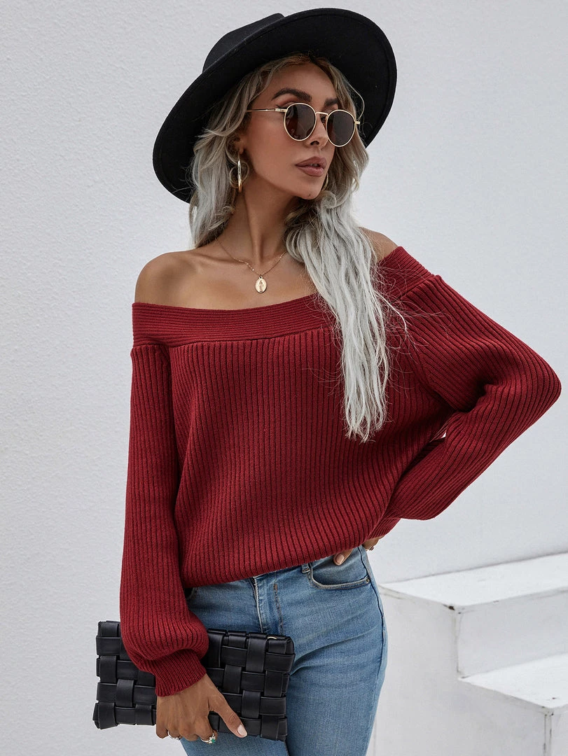 MY Smaibulun | Maroon Bell-Sleeve Off-Shoulder Knit Sweater New In Clothing 2 MY Smaibulun | Maroon Bell-Sleeve Off-Shoulder Knit Sweater New In Clothing