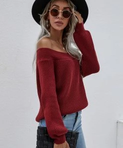 MY Smaibulun | Maroon Bell-Sleeve Off-Shoulder Knit Sweater New In Clothing 8 MY Smaibulun | Maroon Bell-Sleeve Off-Shoulder Knit Sweater New In Clothing