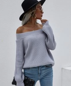 MY Smaibulun | Grey Bell-Sleeve Off-Shoulder Knit Sweater